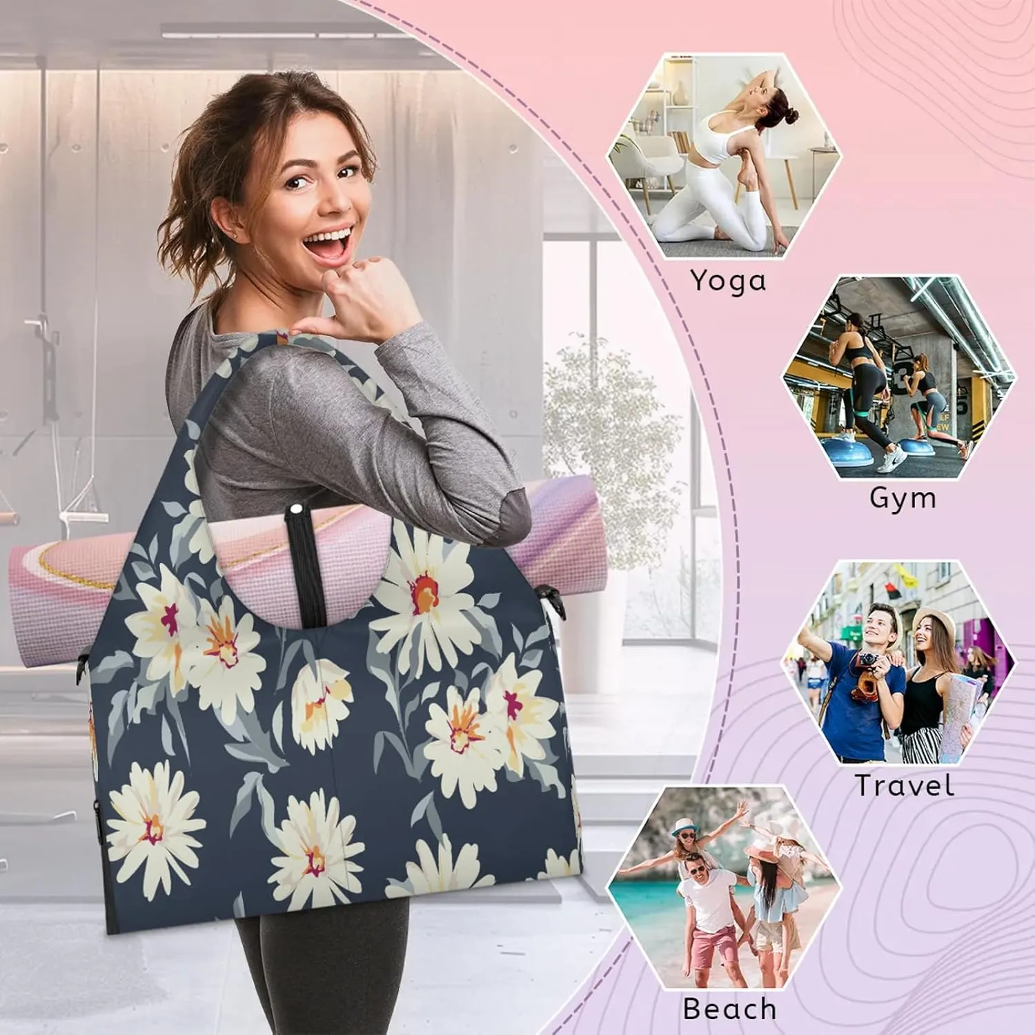 KOBLEN Yoga Gym Bags for Women Duffel Bag with Shoe Compartment and Yoga Mat Portable Weekender Bags for Pilates Travel Offices Workout Beach
