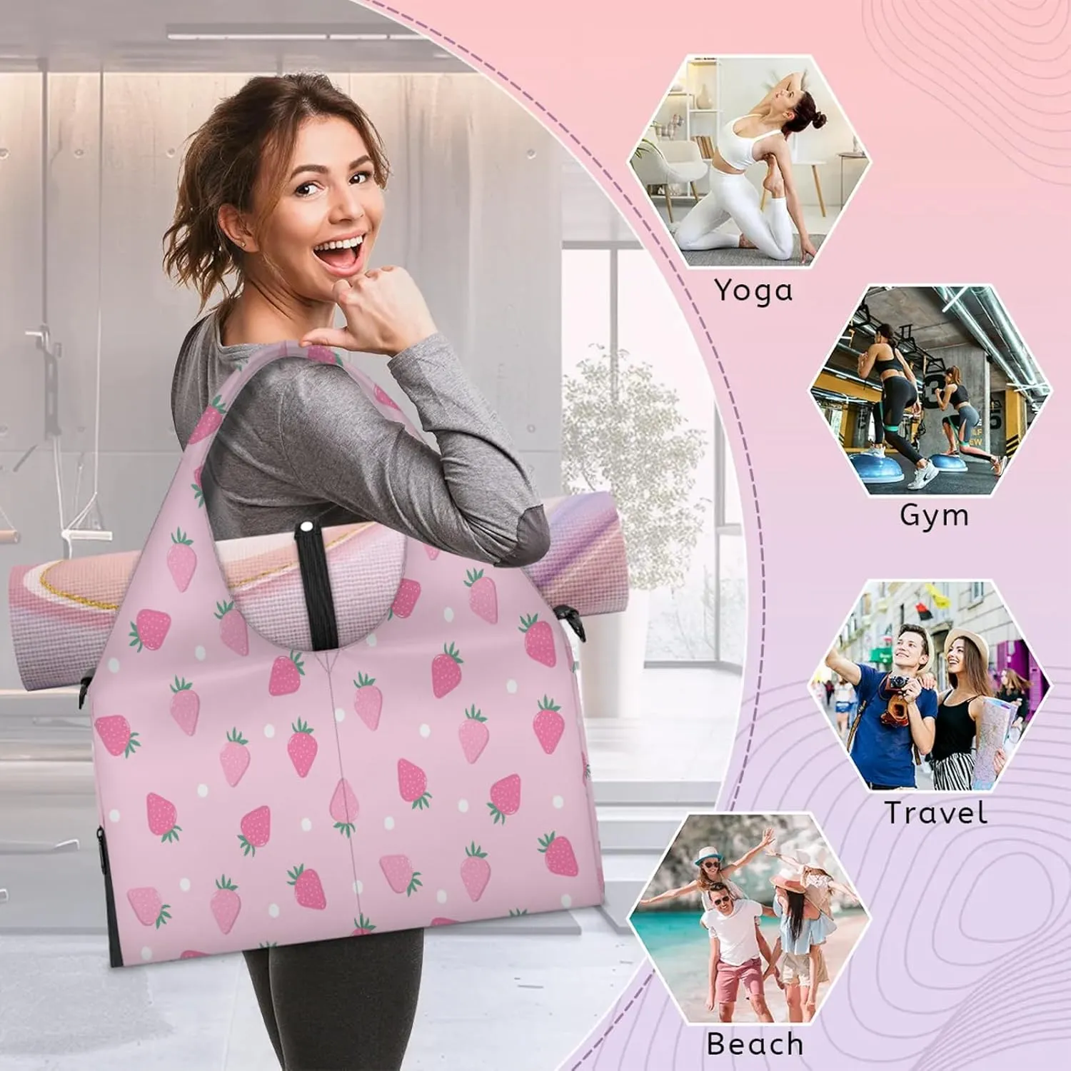 KOBLEN Yoga Gym Bags for Women Duffel Bag with Shoe Compartment and Yoga Mat Portable Weekender Bags for Pilates Travel Offices Workout Beach