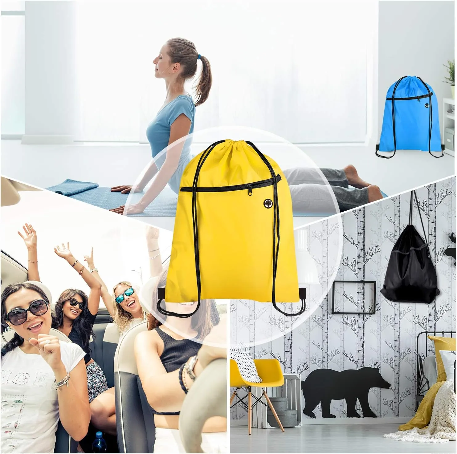KUUQA 12Pcs Drawstring Bags with Zipper Pocket Pull String Backpack Bags Bulk（Colorful）
