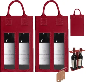 LaoJiang Double Bottle Wine Gift Bag with Window (2 packs), Reusable Felt Tote Bag for Parties, Wedding,Trips, Wine Tasting Party, Christmas and Camping (red)