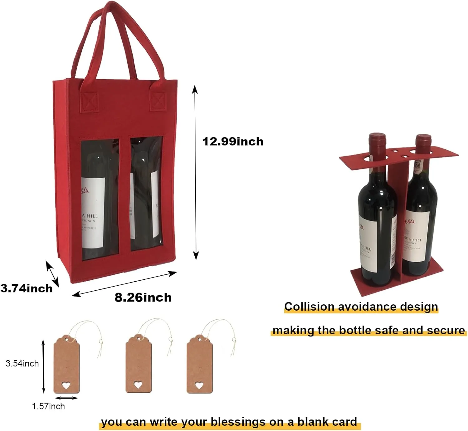 LaoJiang Double Bottle Wine Gift Bag with Window (2 packs), Reusable Felt Tote Bag for Parties, Wedding,Trips, Wine Tasting Party, Christmas and Camping (red)