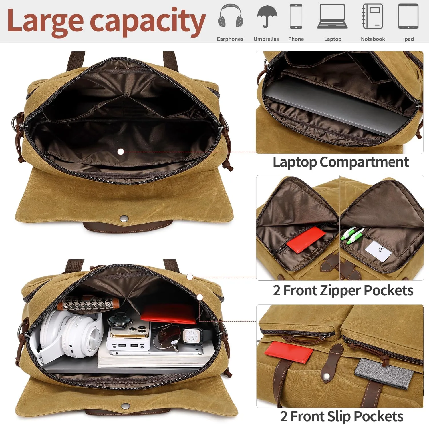 Laptop Bag for Men 15.6 Inch Messenger Bag Water-resistant Waxed Canvas Laptop Briefcase Computer Bag Shoulder Bag for Business Office Work, Brown