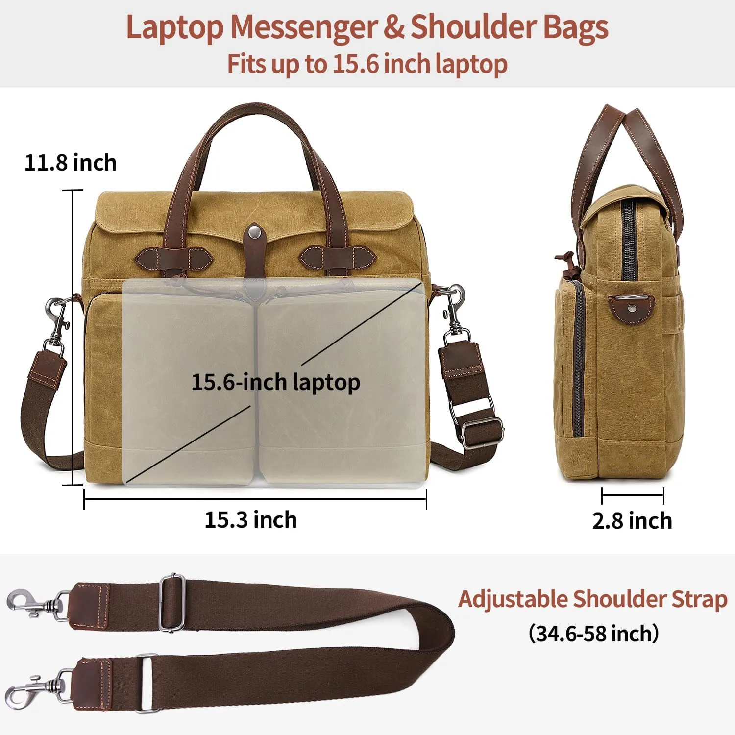 Laptop Bag for Men 15.6 Inch Messenger Bag Water-resistant Waxed Canvas Laptop Briefcase Computer Bag Shoulder Bag for Business Office Work, Brown