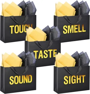 Large 5 Senses Gift Bags for Him Her, Gold Foil Sight Smell Touch Taste Sound Gift Bags,Five Senses Gift Bag for Him with Handles and Tissue Paper for Birthday, Mothers Day, Anniversary, Christmas(12.6 x 8.7 x 4 Inch)