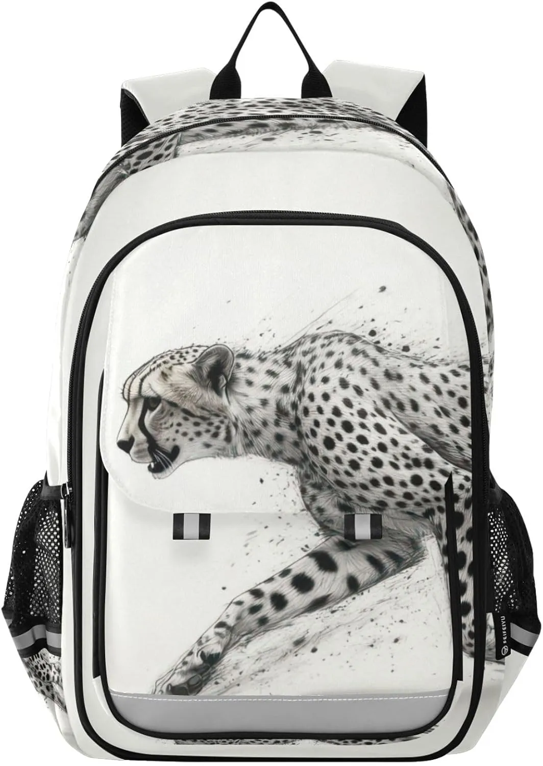 Large Backpack Cheetah Motion Black White for Men Women Travel Laptop Daypack Book Bag Shoulder Bag Cute Cool Funny Backpack with Reflective Strip 12.9 ×17.7 In