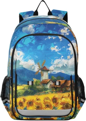 Large Backpack Sunflowers Windmill Field for Men Women Travel Laptop Daypack Book Bag Shoulder Bag Cute Cool Funny Backpack with Reflective Strip 12.9 ×17.7 In