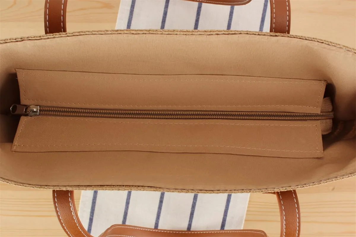 Large Bags for Women Straw Woven Beach Shoulder Tote Bag Striped Work Top-Handle Purse Summer Tote Handbag Gold-Brown