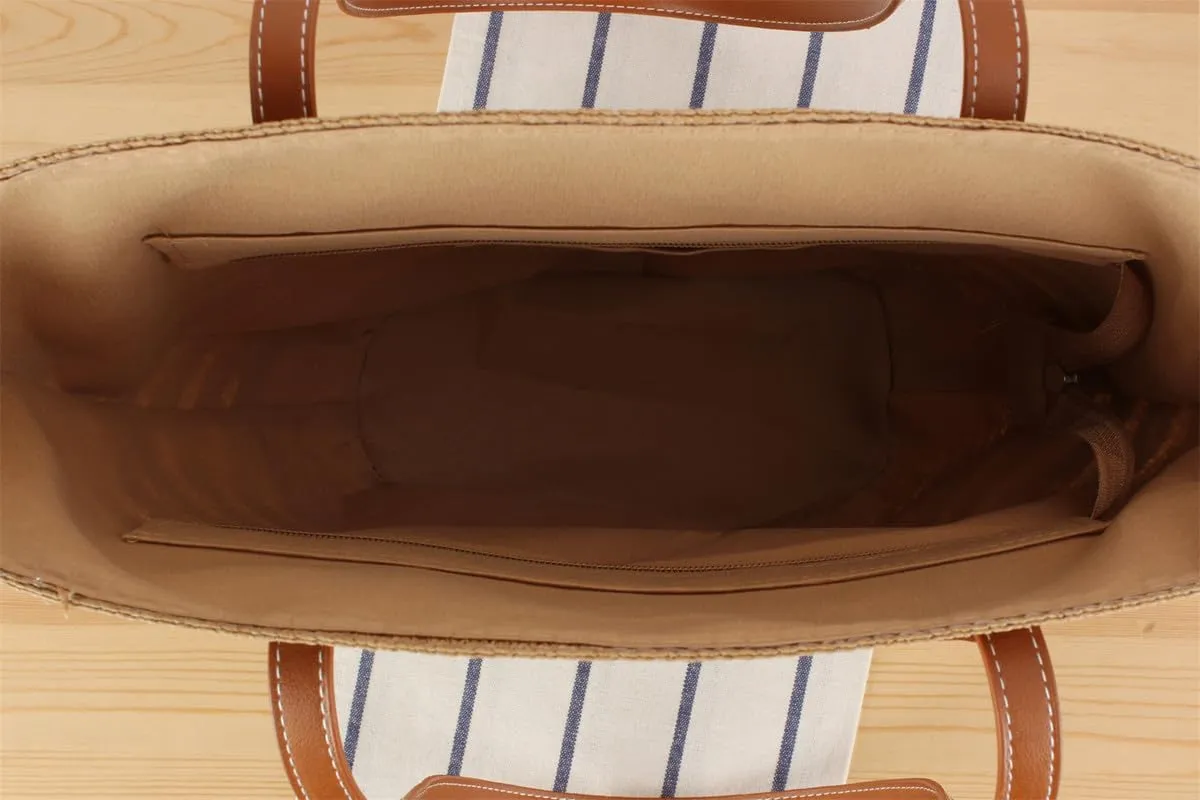 Large Bags for Women Straw Woven Beach Shoulder Tote Bag Striped Work Top-Handle Purse Summer Tote Handbag Gold-Brown