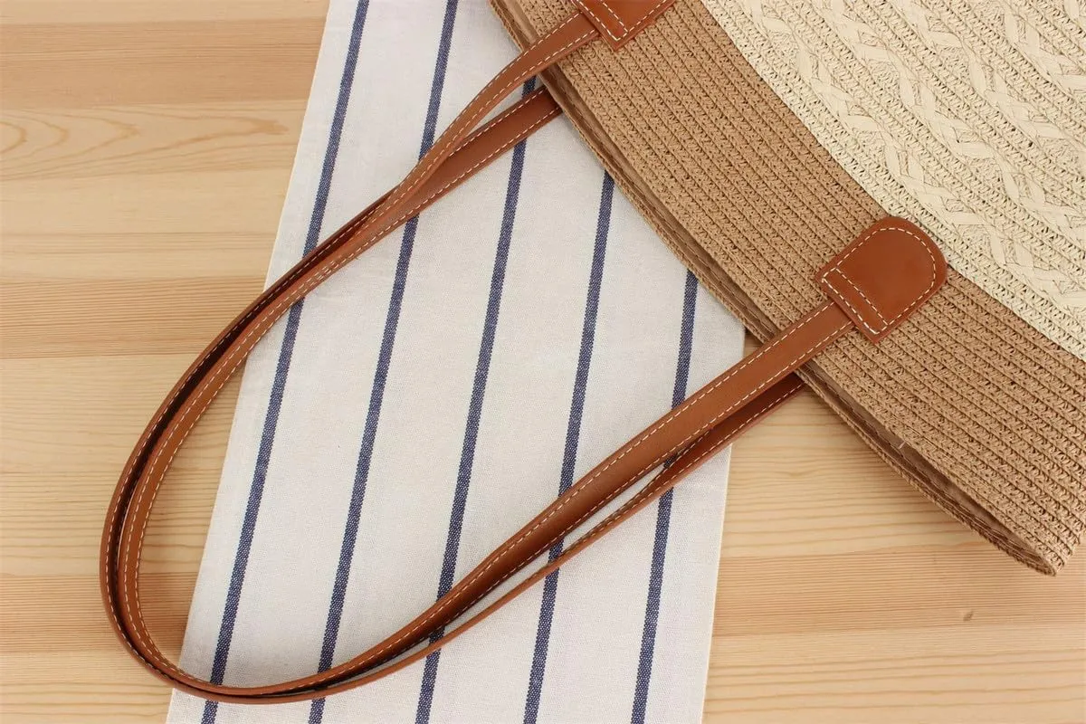 Large Bags for Women Straw Woven Beach Shoulder Tote Bag Striped Work Top-Handle Purse Summer Tote Handbag Gold-Brown