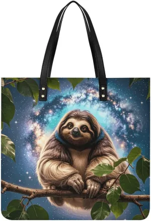 Large Grocery Bags Beach Tote Funny Animal Galaxy Sloth Bag for Women Shoulder Bag for Travel Work Handbag