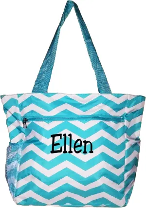 Large Multi - Pocket Fashion Zipper Top Beach Bag Tote - Custom Embroidery Available