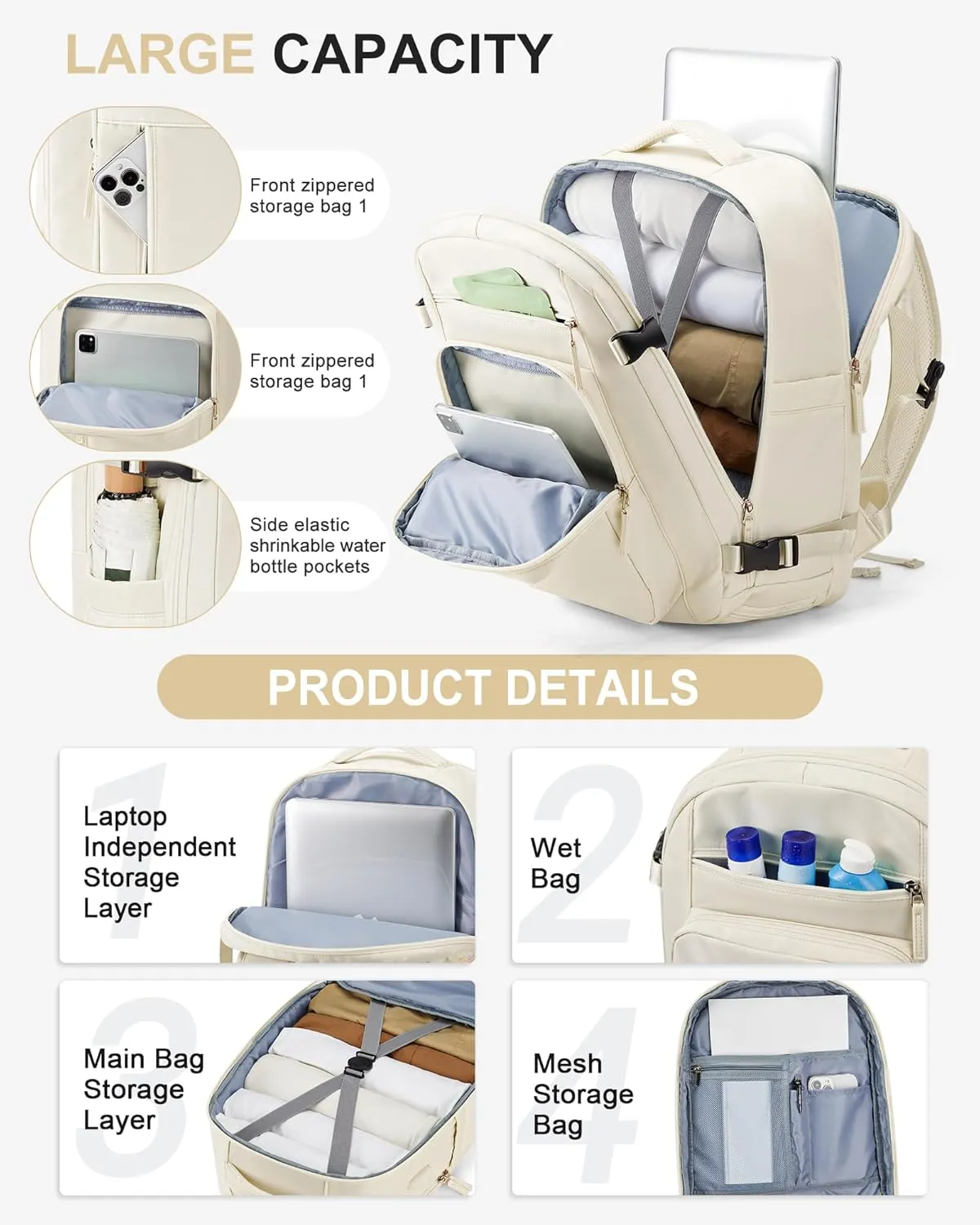 Large Travel Backpack: Unisex, Beige, Waterproof, 35L, Modern Design, Carry-On Approved, USB Charging Port, Wet Bag, Shoe Compartment, Laptop Compartment
