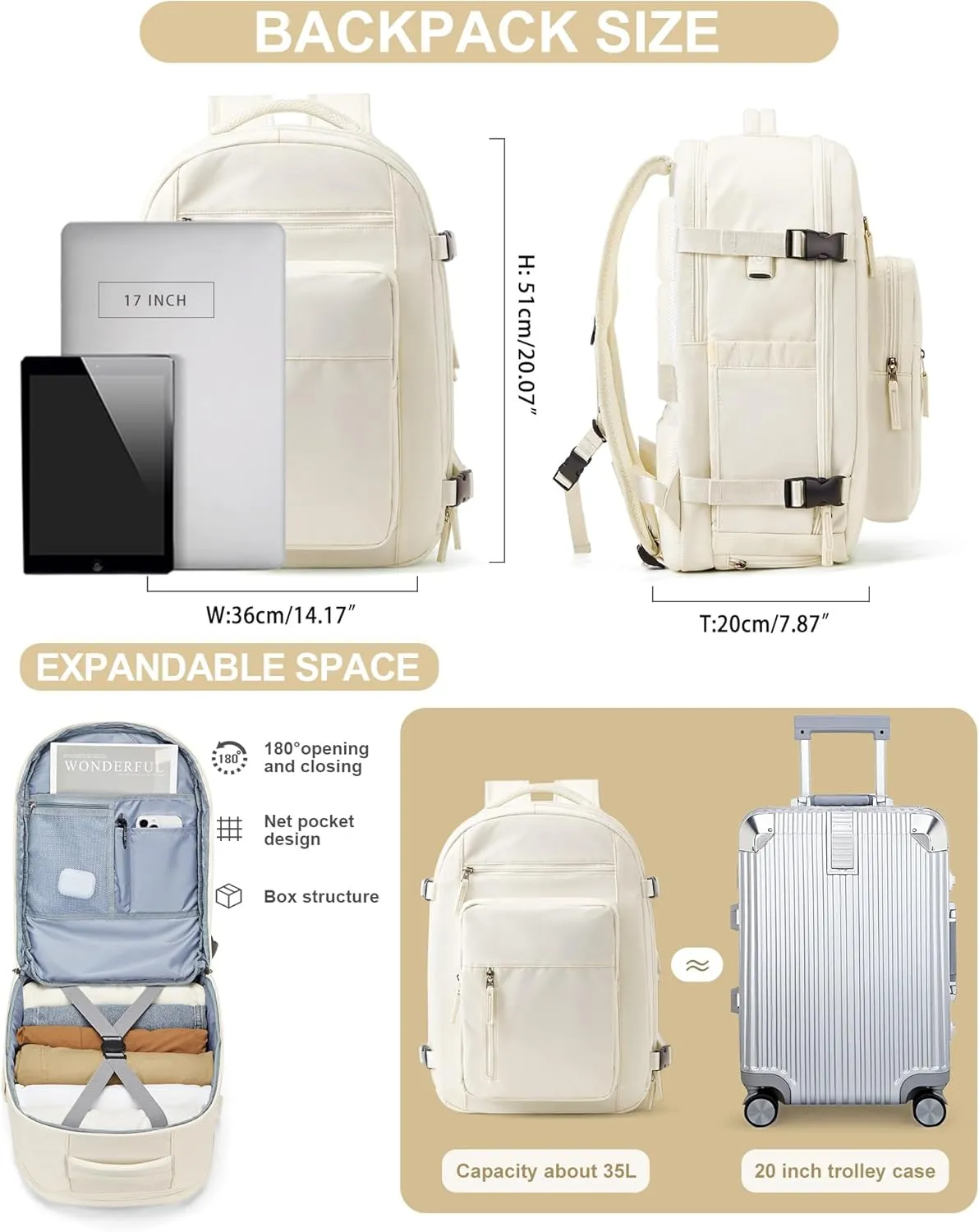 Large Travel Backpack: Unisex, Beige, Waterproof, 35L, Modern Design, Carry-On Approved, USB Charging Port, Wet Bag, Shoe Compartment, Laptop Compartment