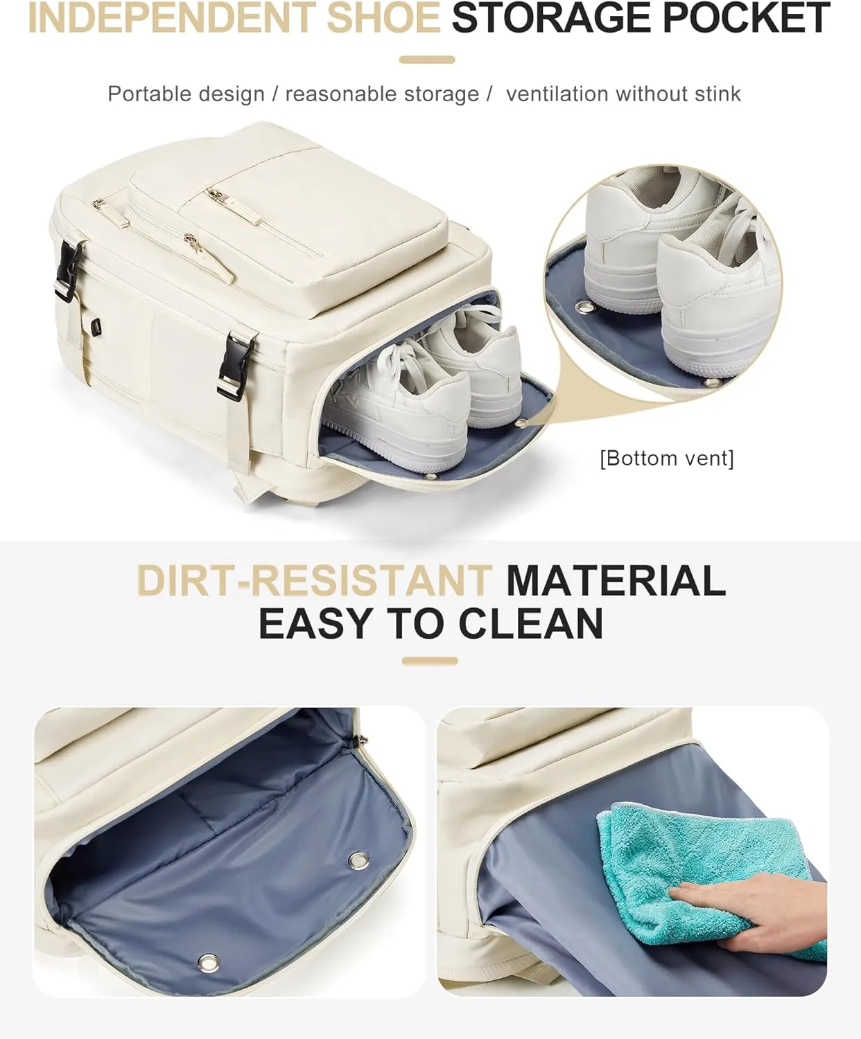 Large Travel Backpack: Unisex, Beige, Waterproof, 35L, Modern Design, Carry-On Approved, USB Charging Port, Wet Bag, Shoe Compartment, Laptop Compartment