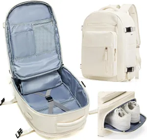 Large Travel Backpack: Unisex, Beige, Waterproof, 35L, Modern Design, Carry-On Approved, USB Charging Port, Wet Bag, Shoe Compartment, Laptop Compartment