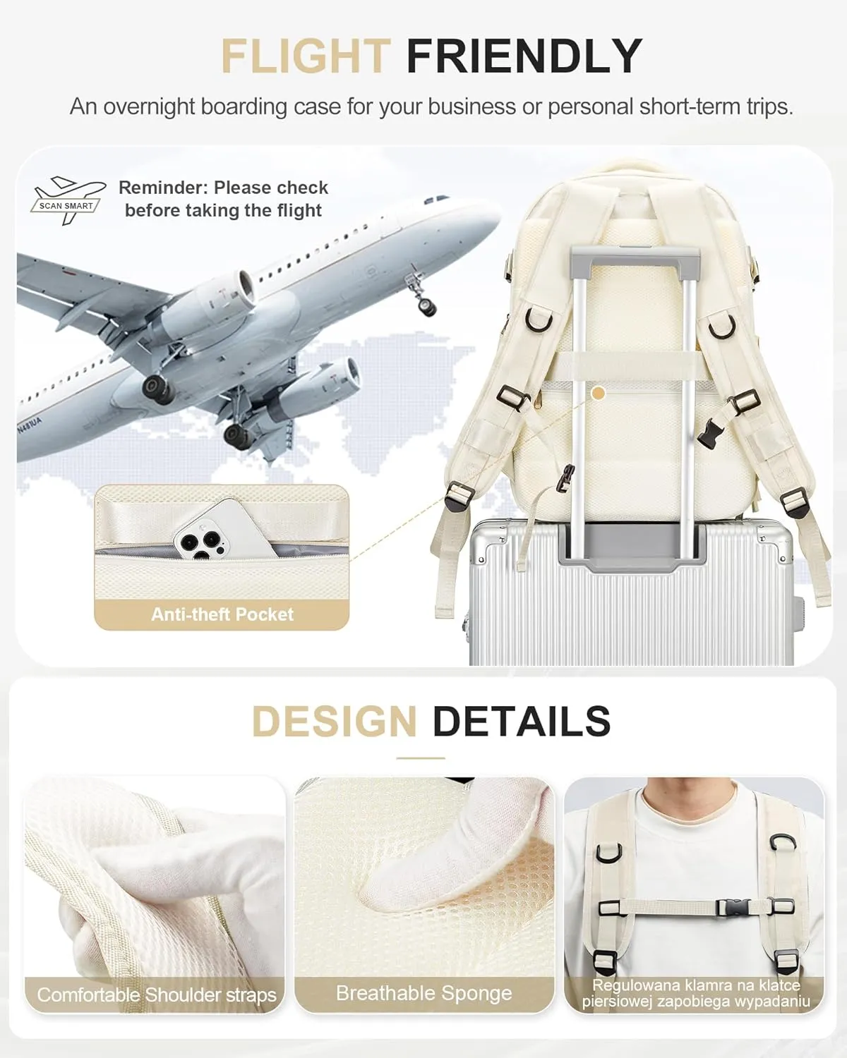 Large Travel Backpack: Unisex, Beige, Waterproof, 35L, Modern Design, Carry-On Approved, USB Charging Port, Wet Bag, Shoe Compartment, Laptop Compartment