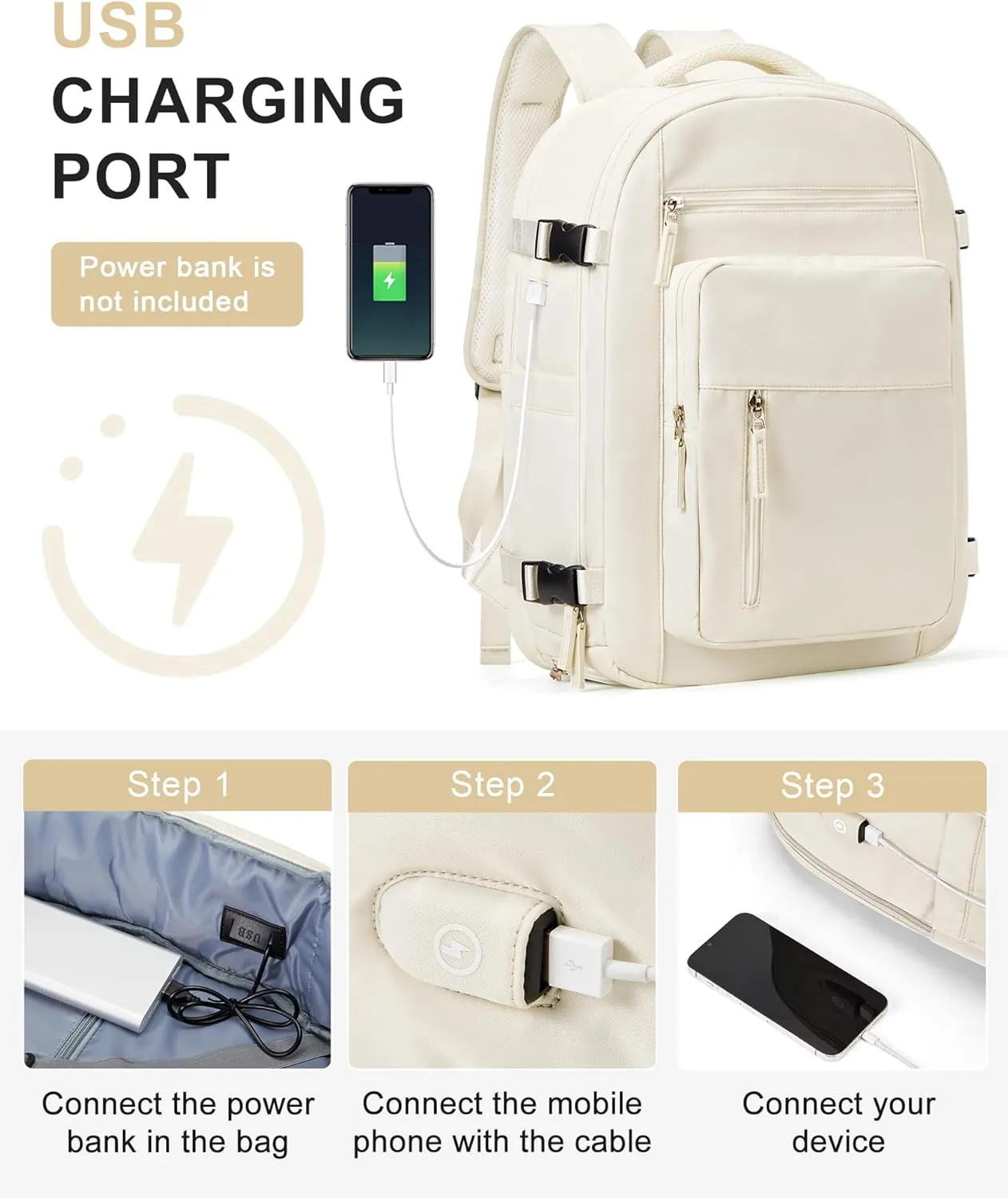 Large Travel Backpack: Unisex, Beige, Waterproof, 35L, Modern Design, Carry-On Approved, USB Charging Port, Wet Bag, Shoe Compartment, Laptop Compartment