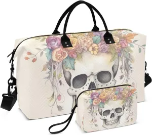 Large Travel Duffel Bag, Skull Garland Beige Sport Tote Gym Bag, Shoulder Weekender Overnight Bag for Women Men, Carry On Luggage with Toiletry Bag