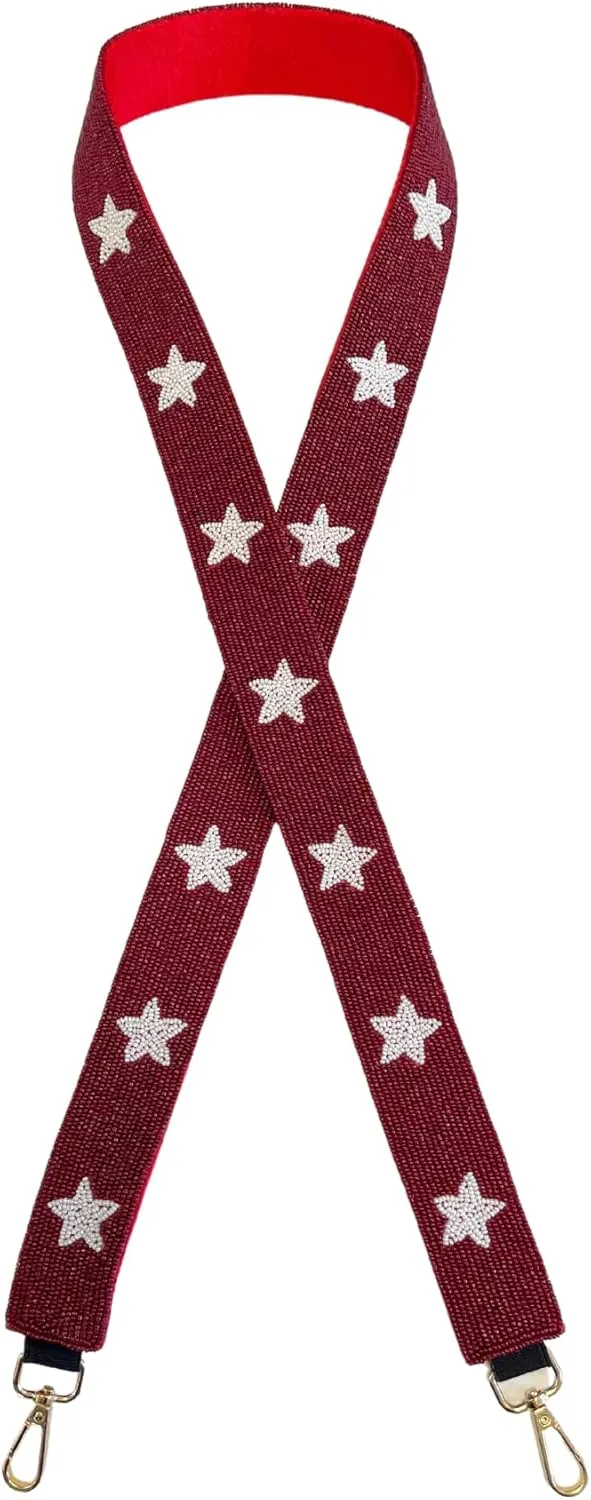 Lashicorn Crimson Red with White Stars Beaded Purse Strap 49” Alabama Arkansas Football Game Day Replacement Clear Bag Roll Razorback Tide Gold Clasps Sooner