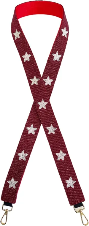 Lashicorn Crimson Red with White Stars Beaded Purse Strap 49” Alabama Arkansas Football Game Day Replacement Clear Bag Roll Razorback Tide Gold Clasps Sooner