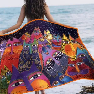 Laurel Burch Fantasticats Large Oversized Microfiber Beach Towel - 40x63 Inches, Sand-Free, Quick-Drying, Ultra-Soft, Ideal for Travel, Pool, and Yoga - Includes Matching Drawstring Travel Pouch