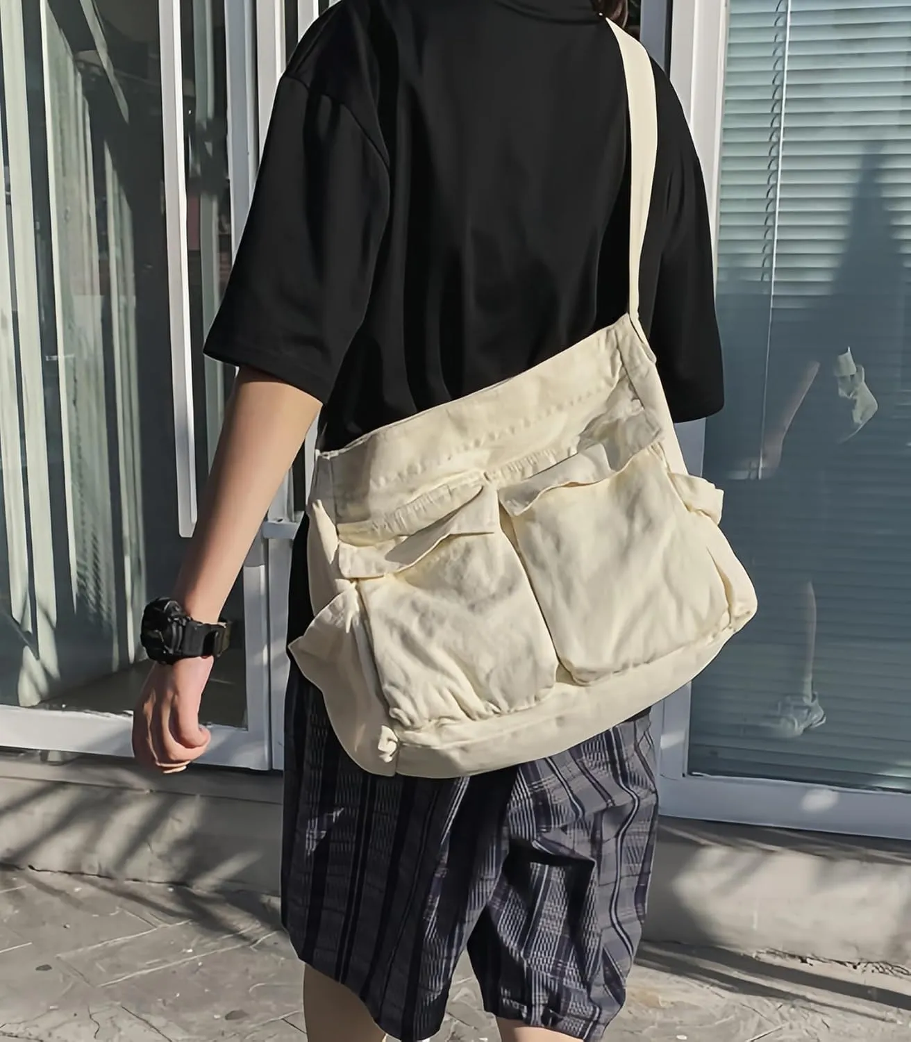 Lauthen.S Grunge Bag Canvas Hobo Crossbody Shoulder Tote Bag for Women and Men Large Messenger Bag with Multiple Pockets