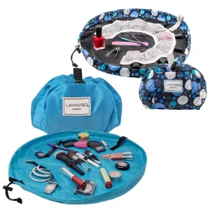 Lay-n-Go Cosmo Drawstring Cosmetic Pouch 20" Makeup Bag Organizer & Nail Spa 18" Acrylic Nail Polish Holder Toiletry Bag for Travel, Gift Bundle, Blue
