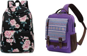 Leaper Women Canvas Messenger Bag Anti-Theft Crossbody Bags Floral Backpack Bundle
