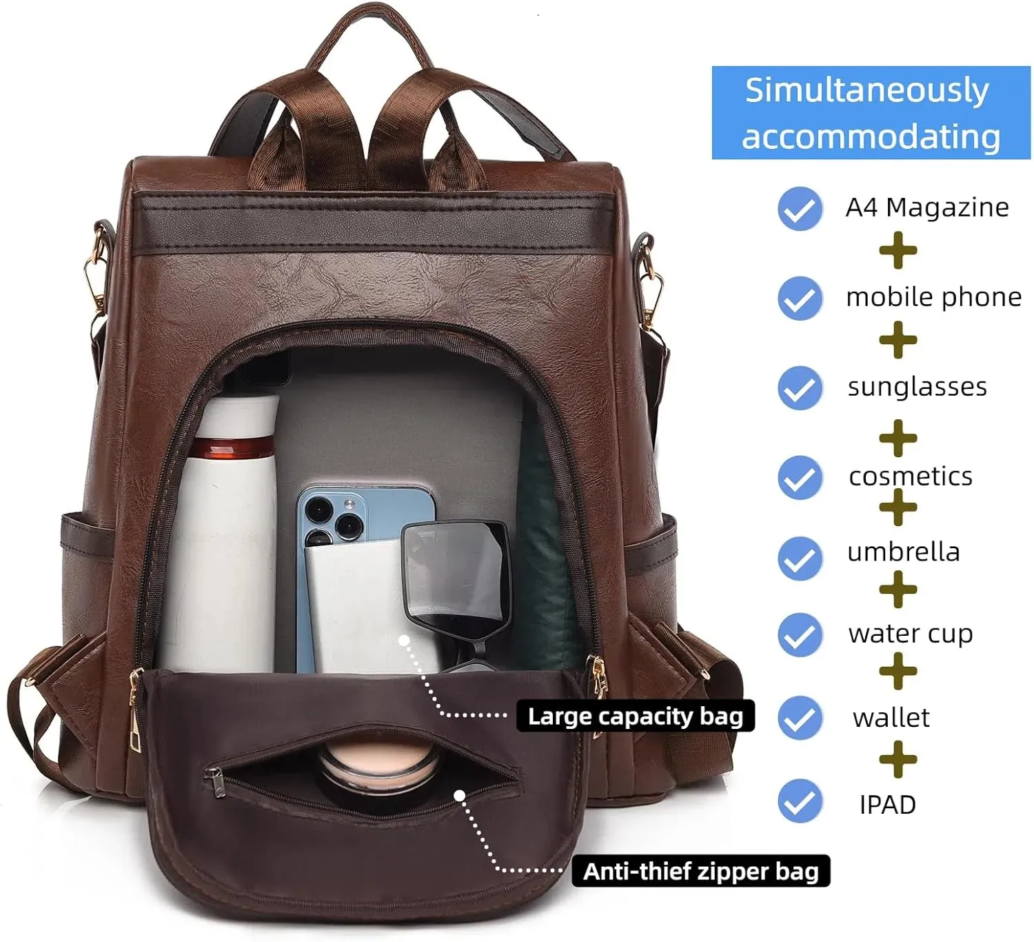Leather Backpack Purse for Women Multipurpose Design Ladies Shoulder Bags Convertible Satchel Handbags Travel Bag (coffee)