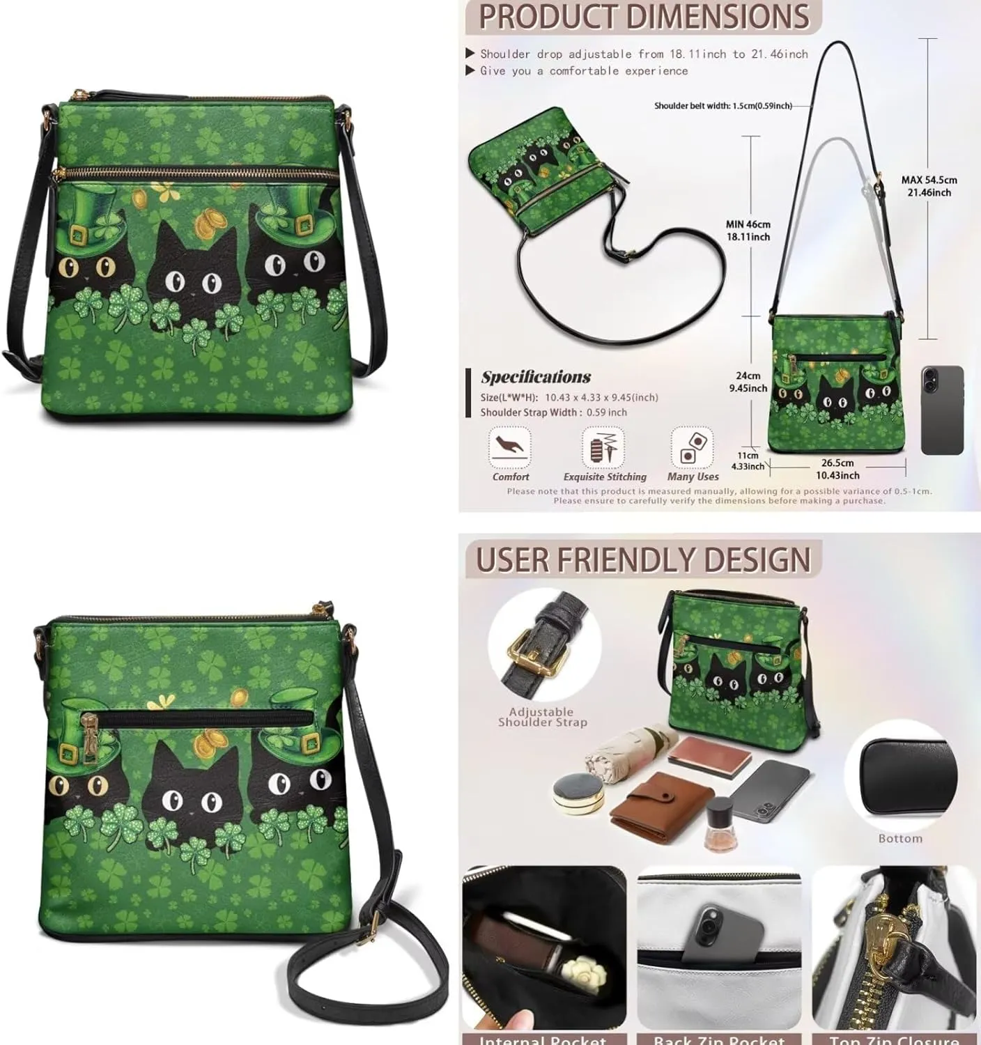 Leather Bucket Crossbody Bags for Women 2 Pieces St. Patrick's Day Crossbody Satchel Bags Purses for Women