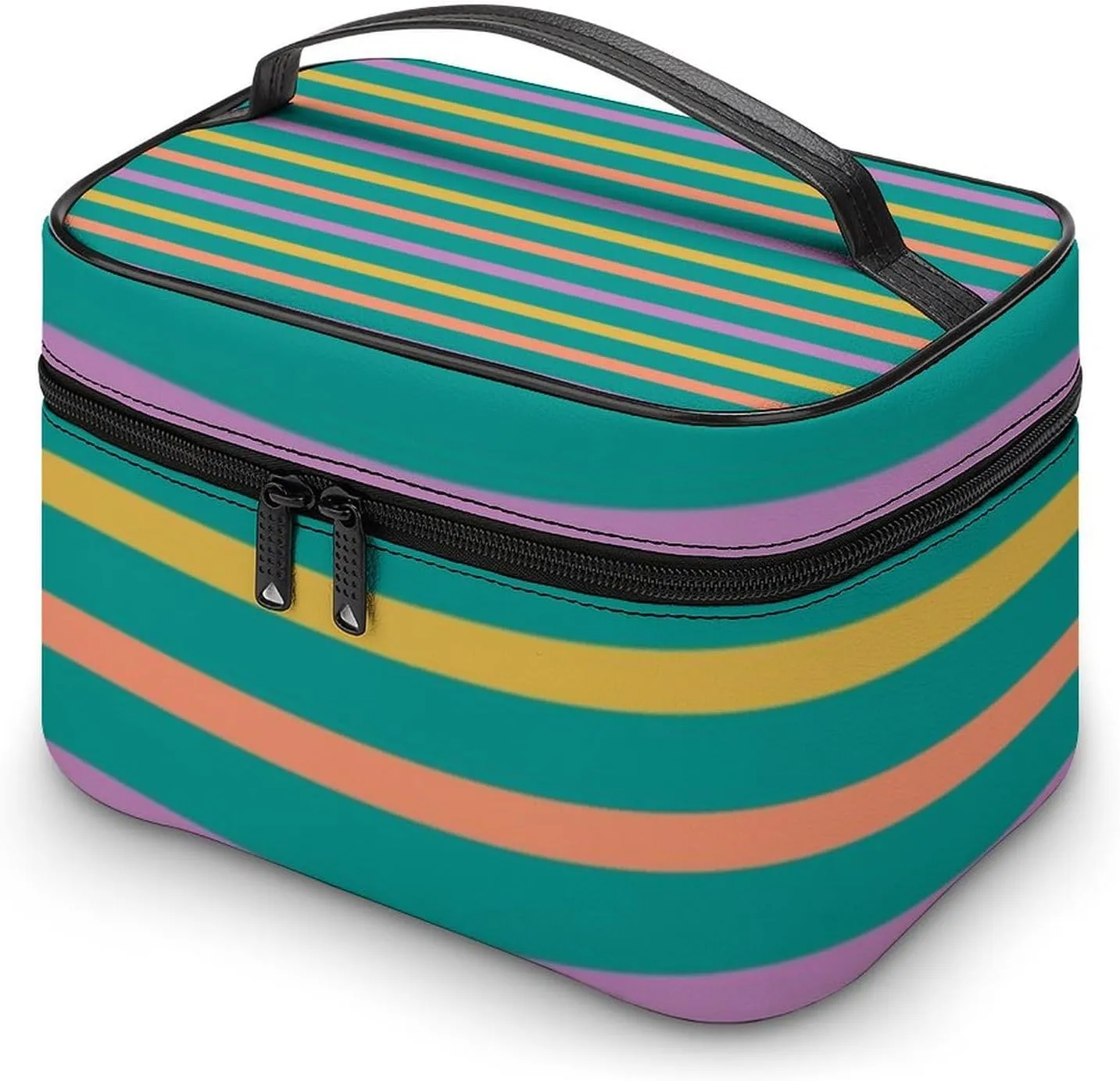Leather Cosmetic Case, Striped Bright Orange Green and Purple Portable Makeup Bag Organizer Large Capacity Travel Toiletry Bag with Zipper