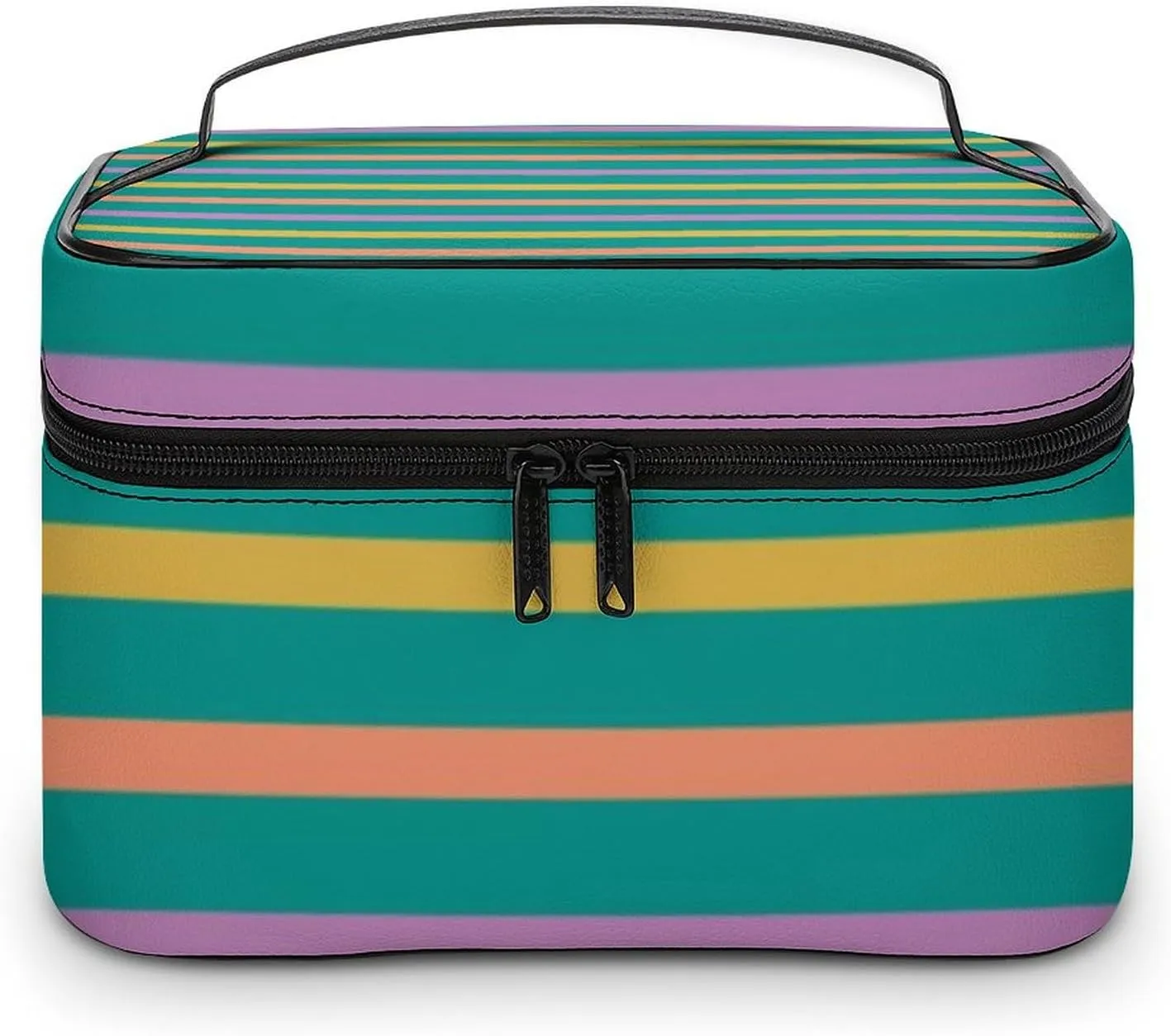 Leather Cosmetic Case, Striped Bright Orange Green and Purple Portable Makeup Bag Organizer Large Capacity Travel Toiletry Bag with Zipper