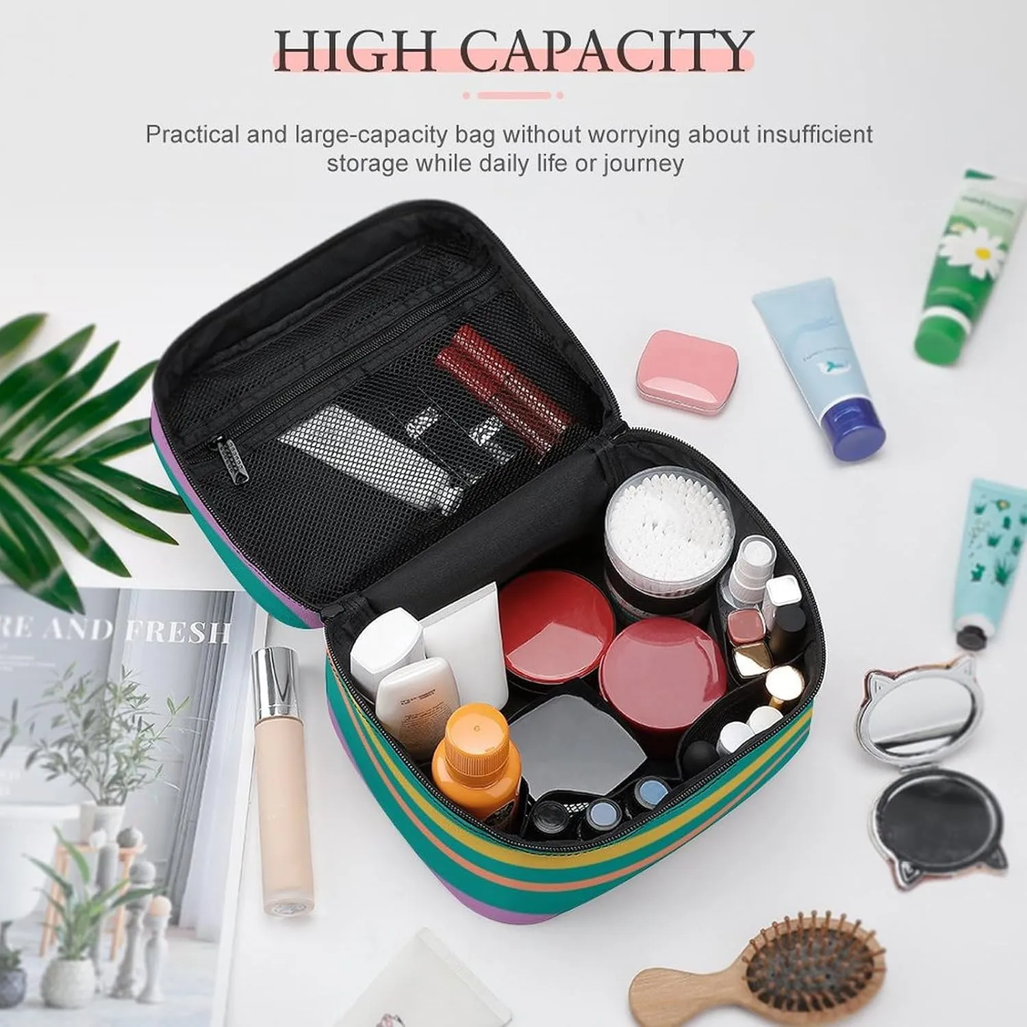 Leather Cosmetic Case, Striped Bright Orange Green and Purple Portable Makeup Bag Organizer Large Capacity Travel Toiletry Bag with Zipper