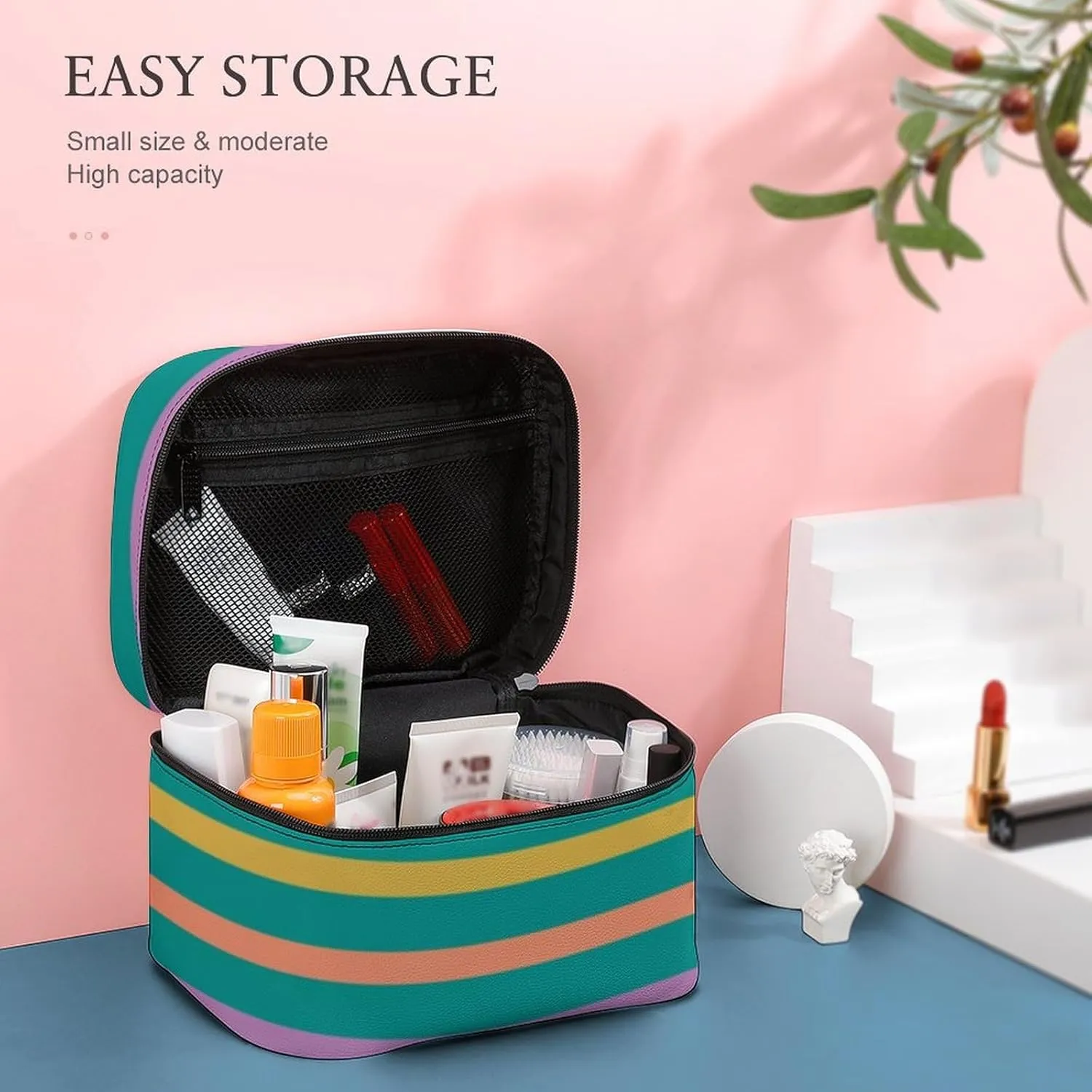 Leather Cosmetic Case, Striped Bright Orange Green and Purple Portable Makeup Bag Organizer Large Capacity Travel Toiletry Bag with Zipper