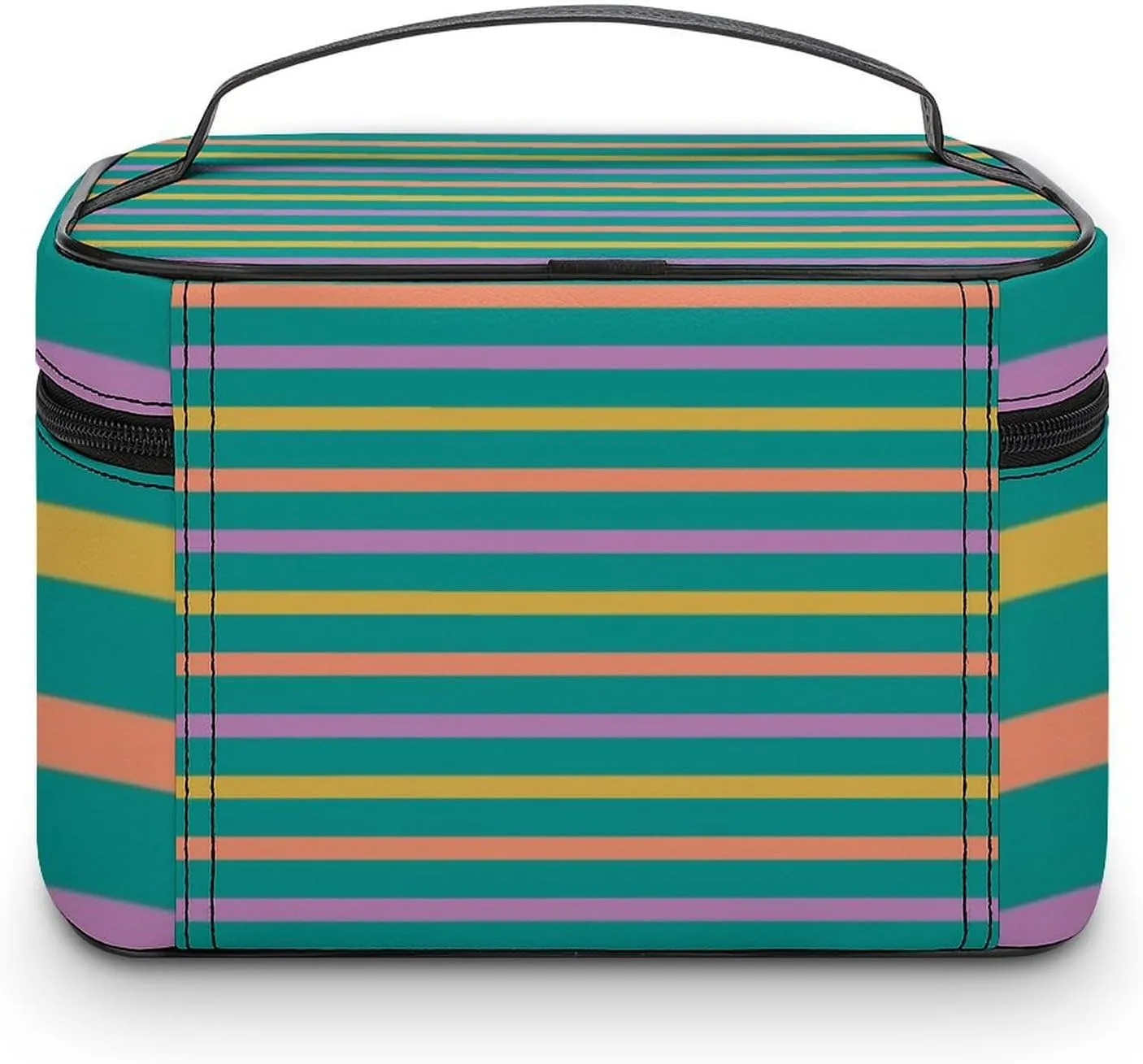 Leather Cosmetic Case, Striped Bright Orange Green and Purple Portable Makeup Bag Organizer Large Capacity Travel Toiletry Bag with Zipper