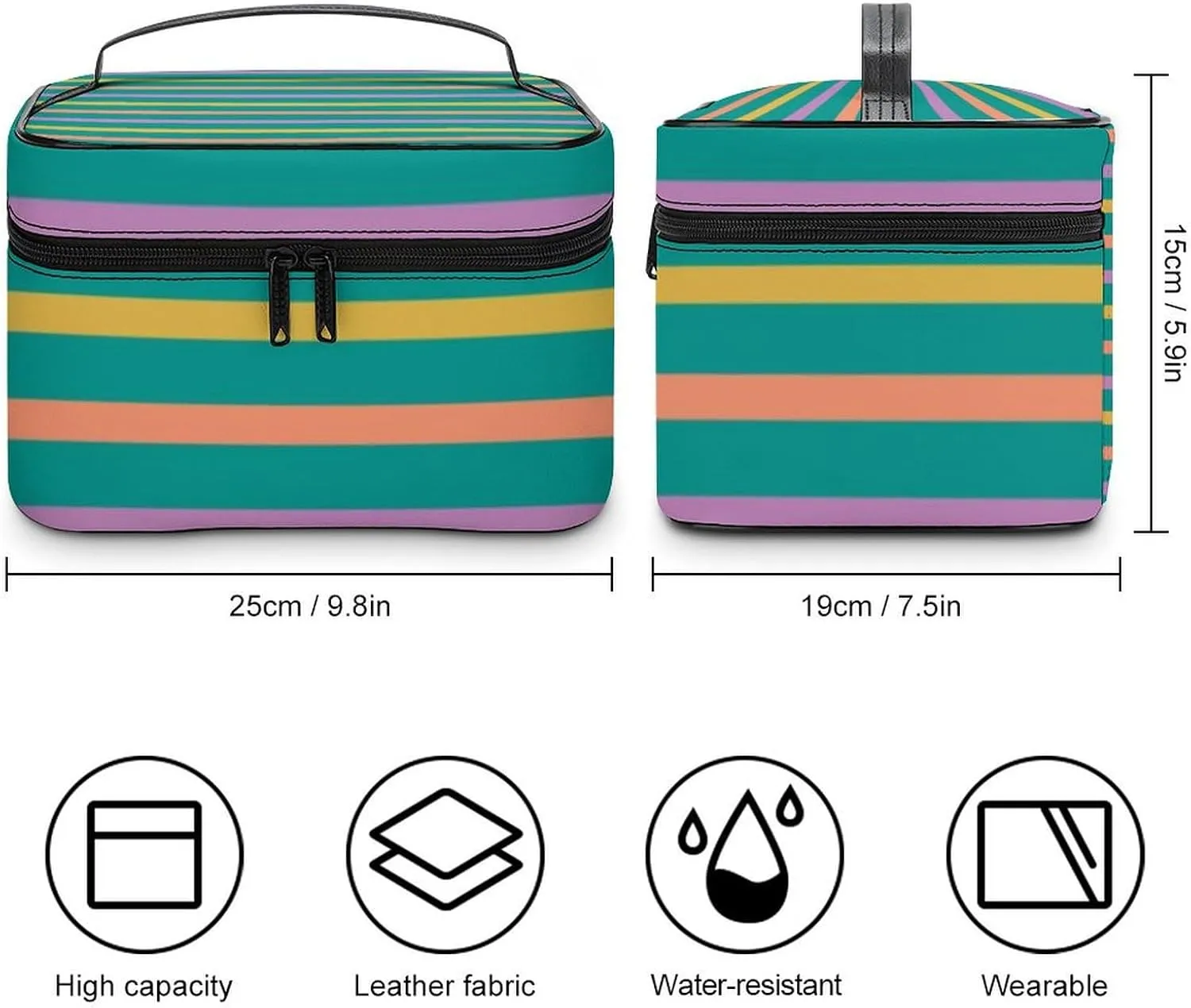 Leather Cosmetic Case, Striped Bright Orange Green and Purple Portable Makeup Bag Organizer Large Capacity Travel Toiletry Bag with Zipper
