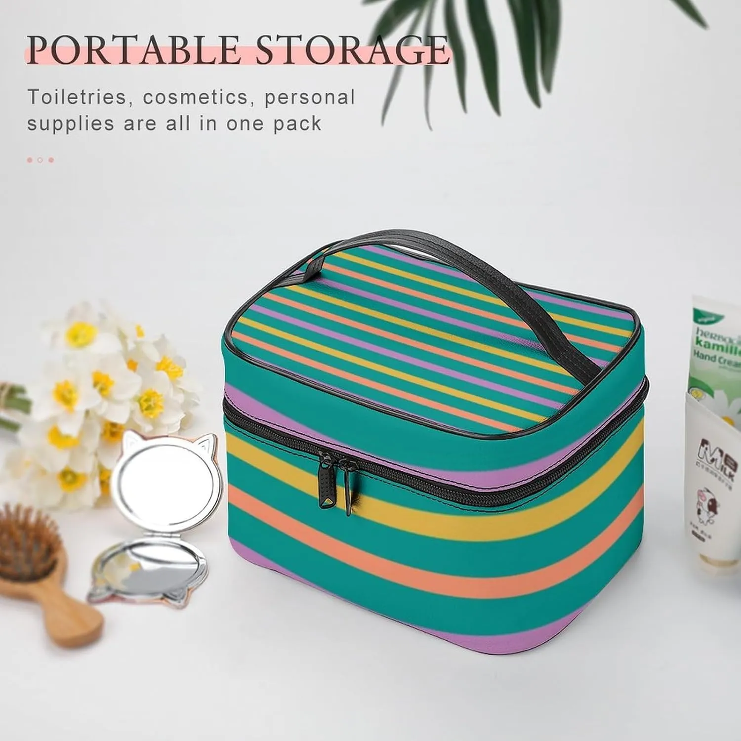 Leather Cosmetic Case, Striped Bright Orange Green and Purple Portable Makeup Bag Organizer Large Capacity Travel Toiletry Bag with Zipper