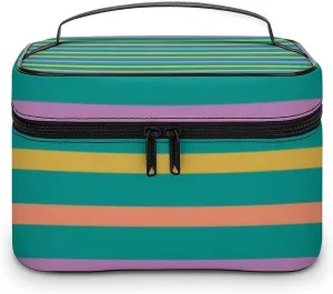 Leather Cosmetic Case, Striped Bright Orange Green and Purple Portable Makeup Bag Organizer Large Capacity Travel Toiletry Bag with Zipper