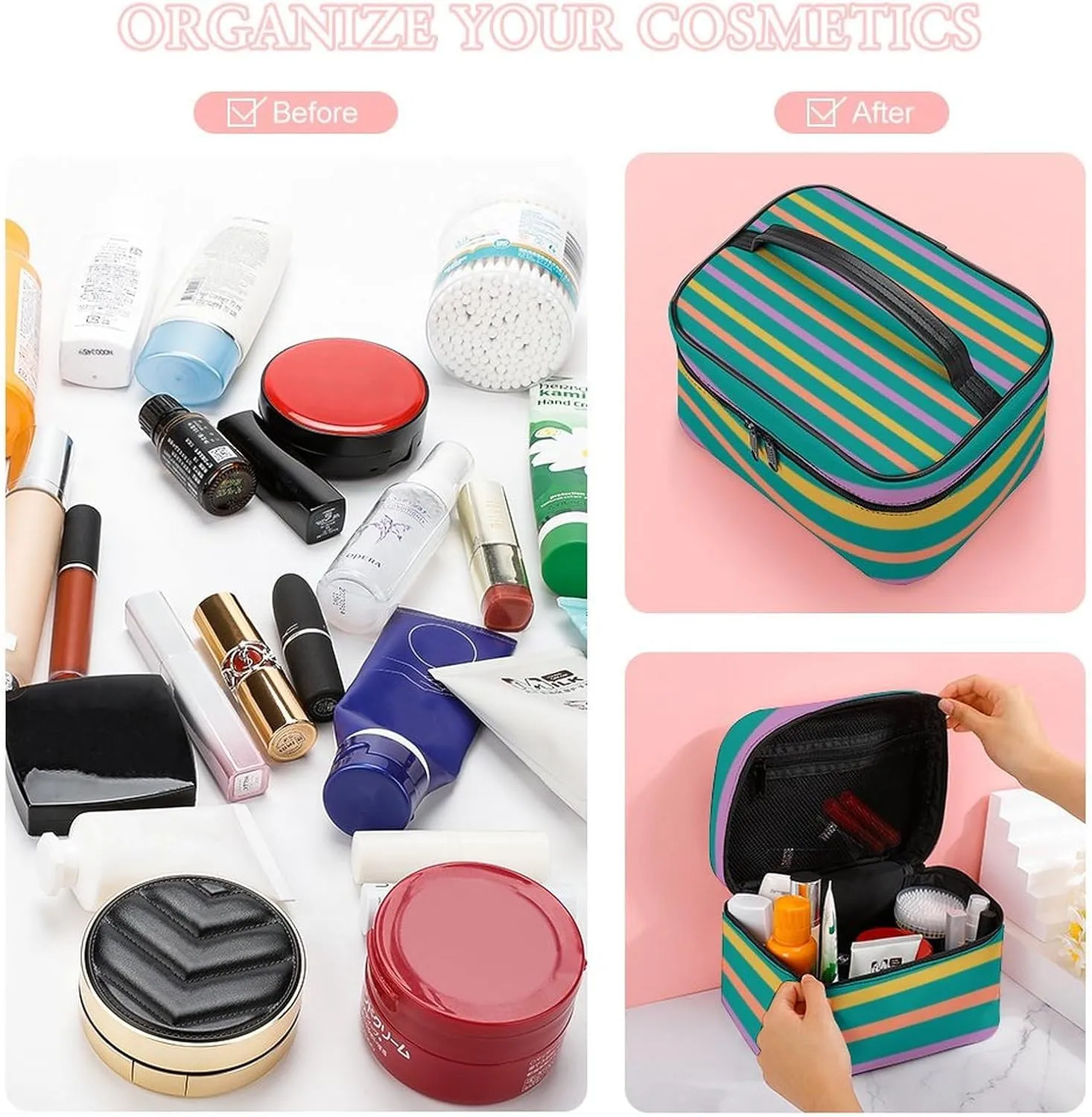 Leather Cosmetic Case, Striped Bright Orange Green and Purple Portable Makeup Bag Organizer Large Capacity Travel Toiletry Bag with Zipper