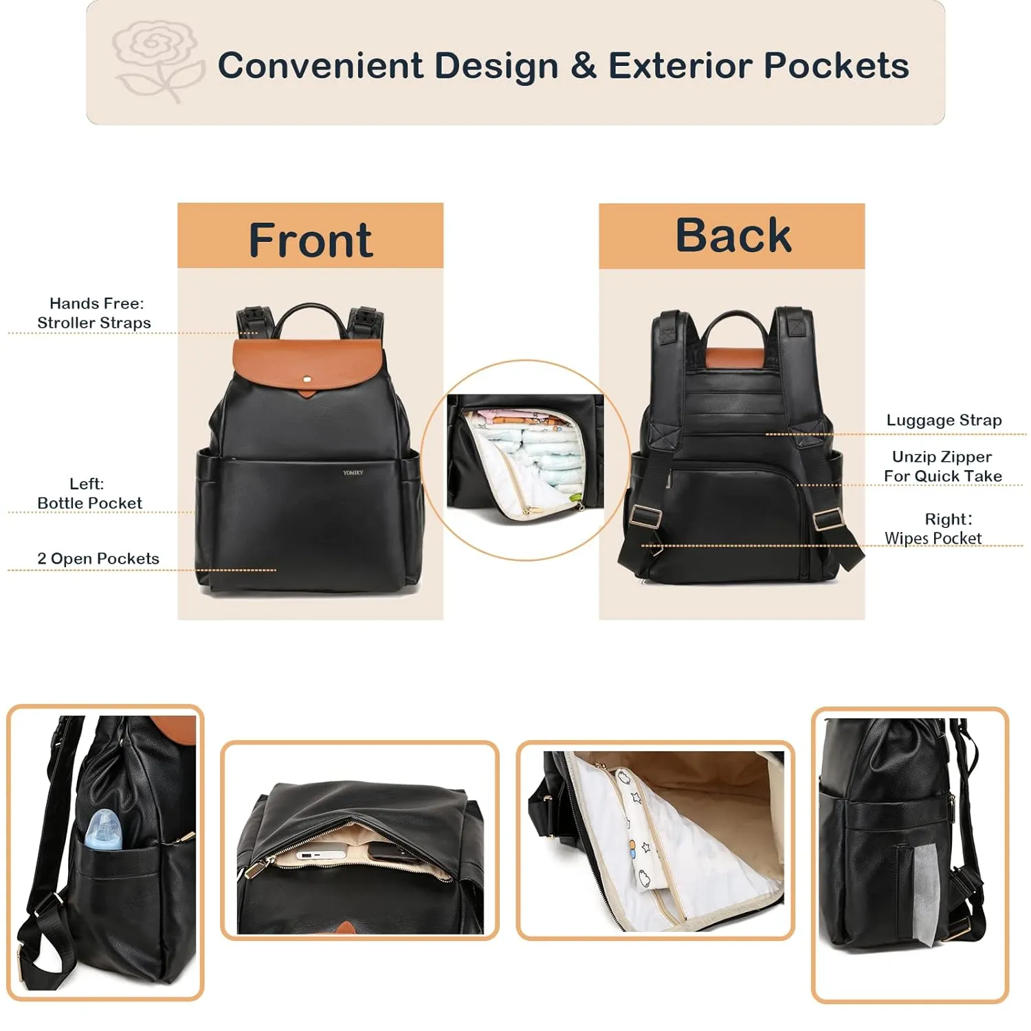 Leather Diaper Bag Backpack, 14 Pockets, Fashion Diaper Bag Leather with Changing Pad, Stroller Straps, Travel Essential Large Diaper Bag, Unisex, Black