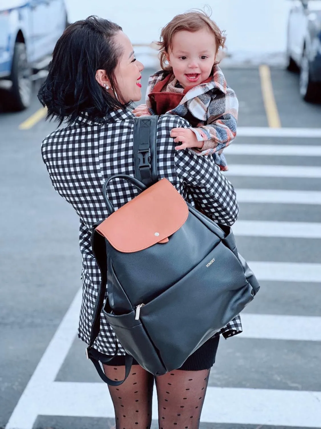 Leather Diaper Bag Backpack, 14 Pockets, Fashion Diaper Bag Leather with Changing Pad, Stroller Straps, Travel Essential Large Diaper Bag, Unisex, Black