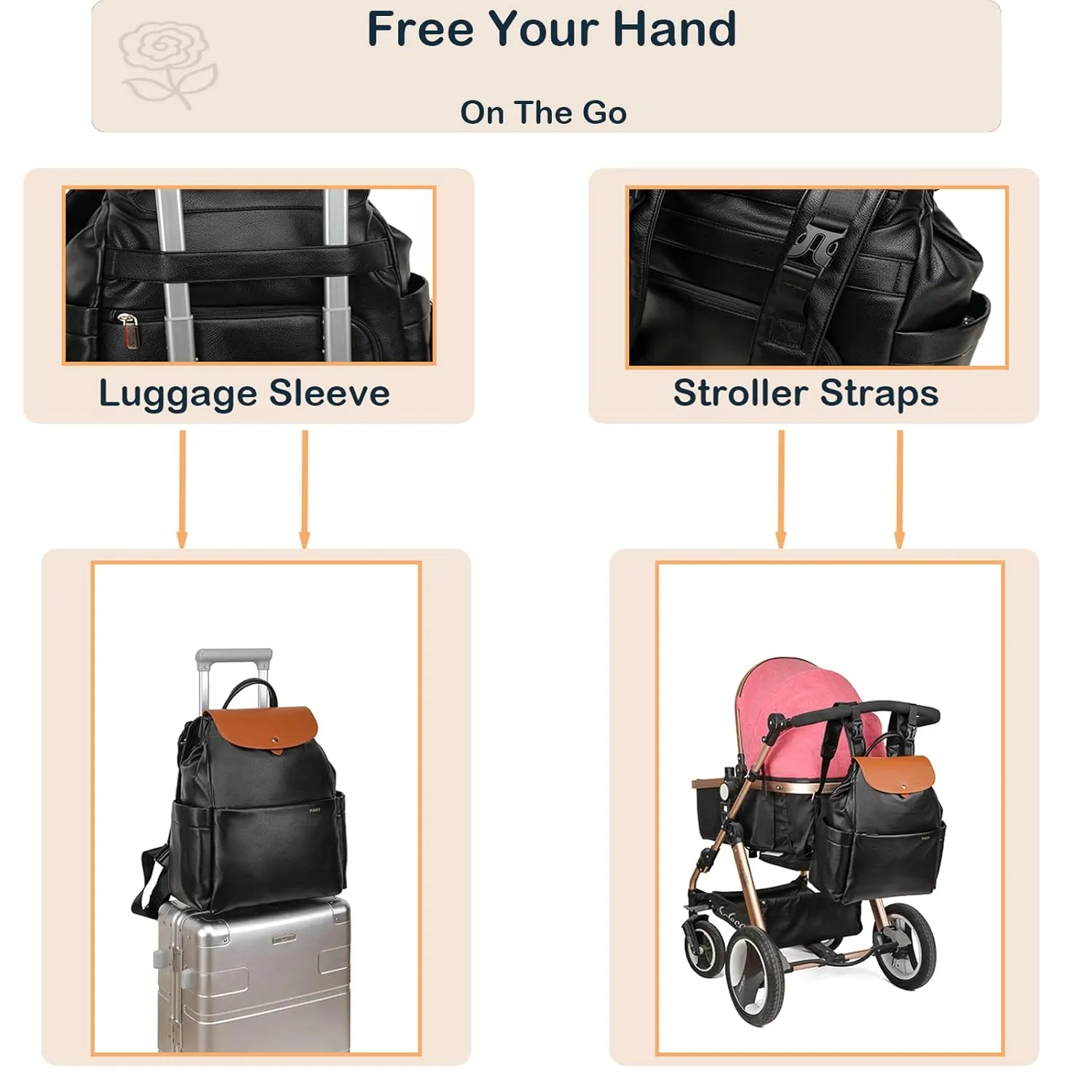 Leather Diaper Bag Backpack, 14 Pockets, Fashion Diaper Bag Leather with Changing Pad, Stroller Straps, Travel Essential Large Diaper Bag, Unisex, Black