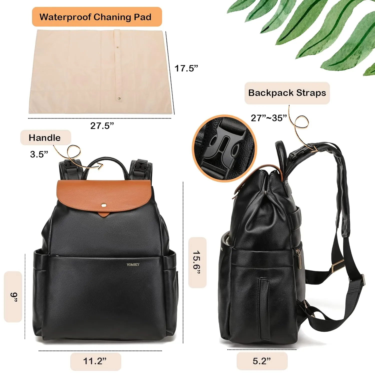 Leather Diaper Bag Backpack, 14 Pockets, Fashion Diaper Bag Leather with Changing Pad, Stroller Straps, Travel Essential Large Diaper Bag, Unisex, Black