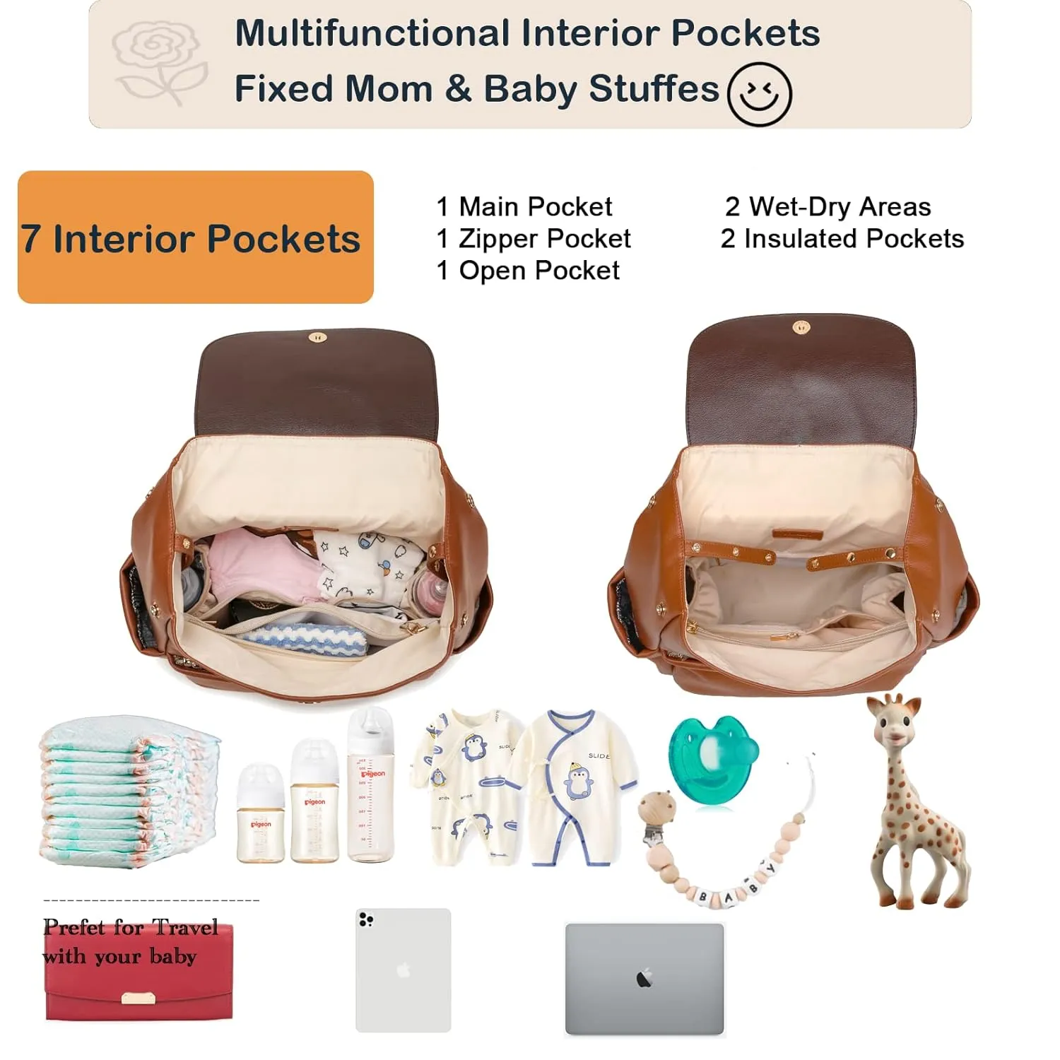 Leather Diaper Bag Backpack, 14 Pockets, Fashion Diaper Bag Leather with Changing Pad, Stroller Straps, Travel Essential Large Diaper Bag, Unisex, Brown