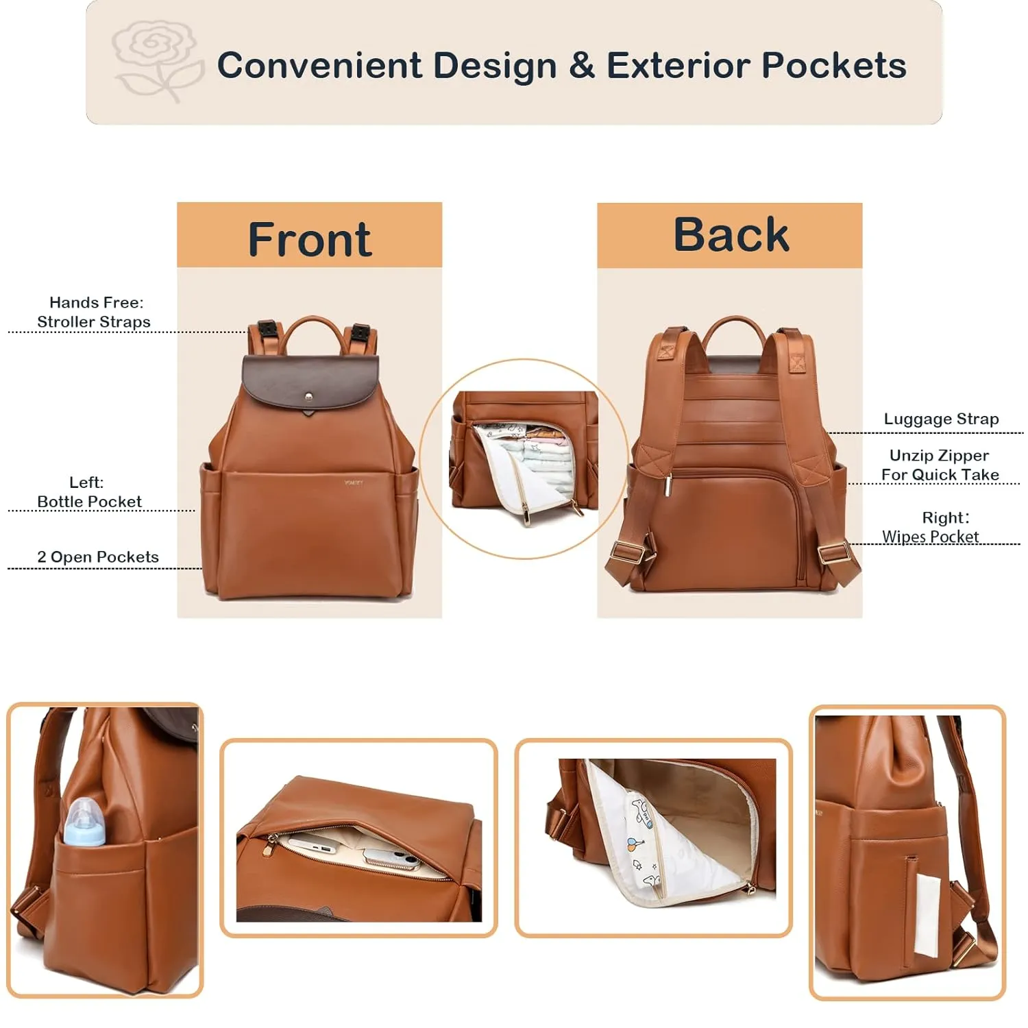 Leather Diaper Bag Backpack, 14 Pockets, Fashion Diaper Bag Leather with Changing Pad, Stroller Straps, Travel Essential Large Diaper Bag, Unisex, Brown