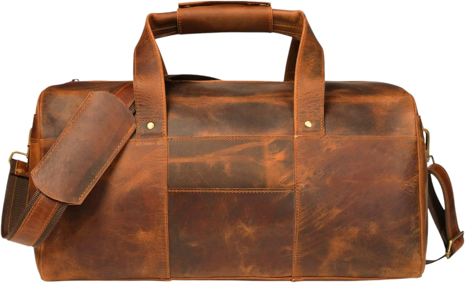 Leather Duffle Bags - Genuine, Multi Pockets - Duffel Bag, Size: 18Wx9.5Hx9.5D (Tan)
