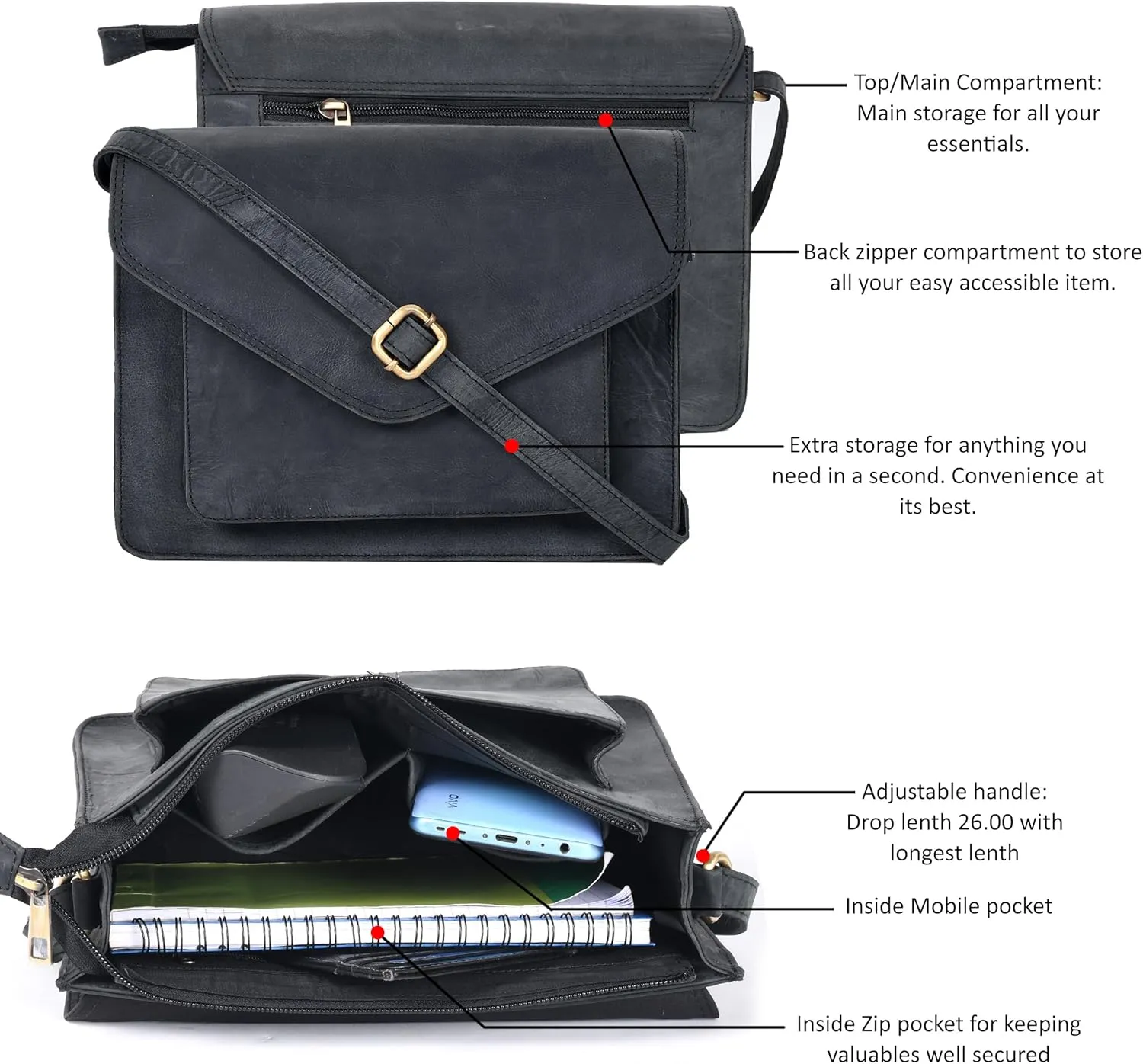 Leather Flapover Crossbody Handbag Purse for Women with Adjustable Strap & Overflap Snap Closure Tote/Bag