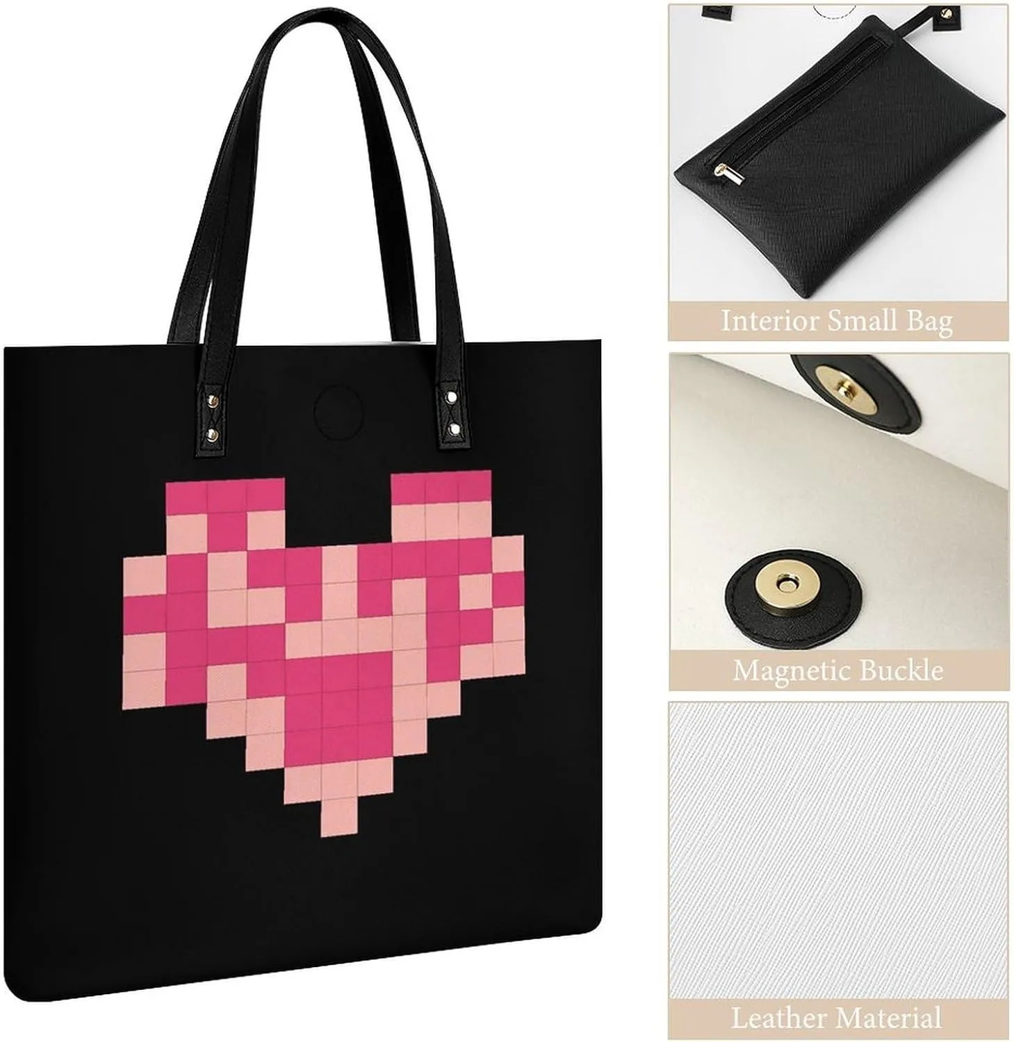 Leather Handbag for Women Tote Bag with Magnetic Buckle Pixel Shaped Heart Crossbody Bag Shoulder Bag