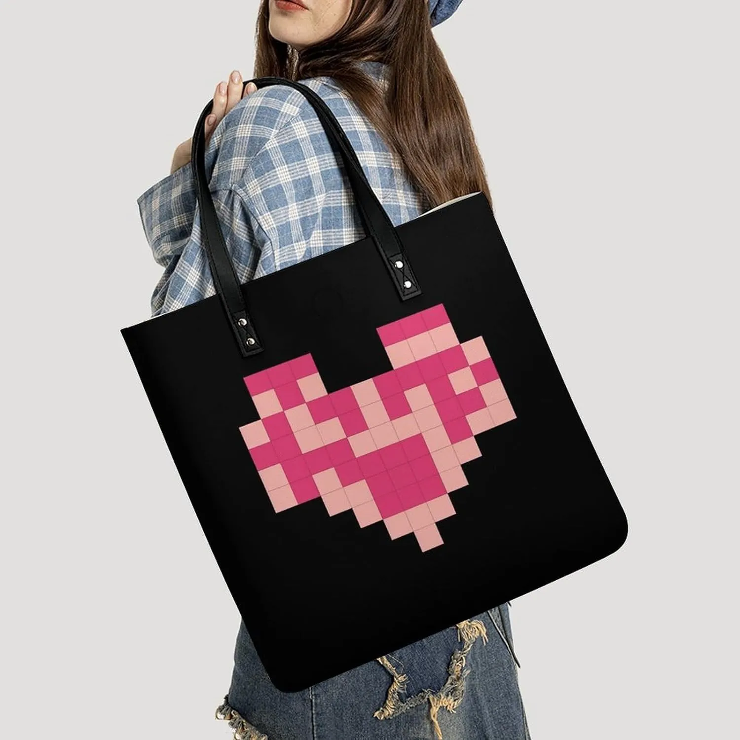 Leather Handbag for Women Tote Bag with Magnetic Buckle Pixel Shaped Heart Crossbody Bag Shoulder Bag