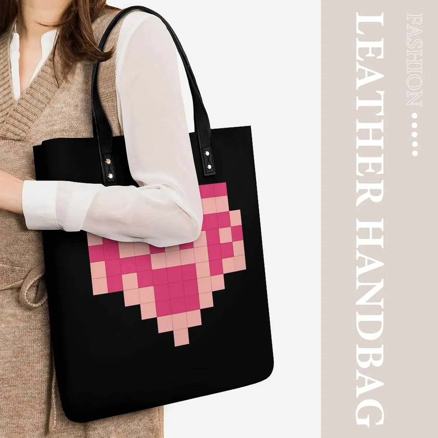 Leather Handbag for Women Tote Bag with Magnetic Buckle Pixel Shaped Heart Crossbody Bag Shoulder Bag